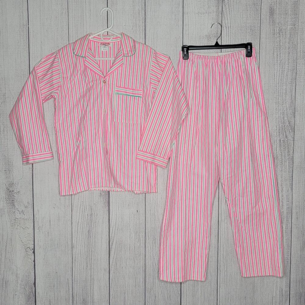 Vintage Bright Pink Striped Pajama Set by Lady Lindsay, size Medium